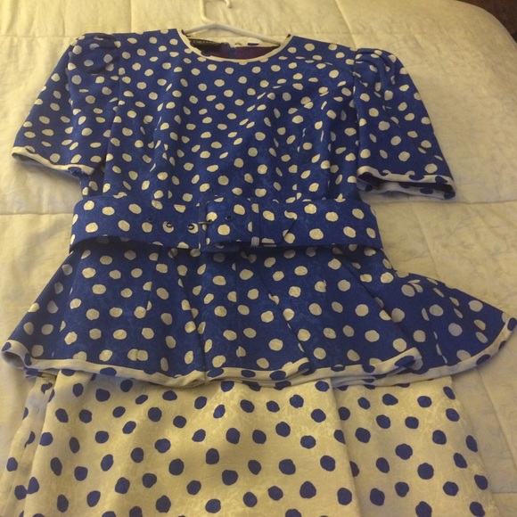 Vintage Blue and White Polka Dot Silk Dress - Picture 2 of 3