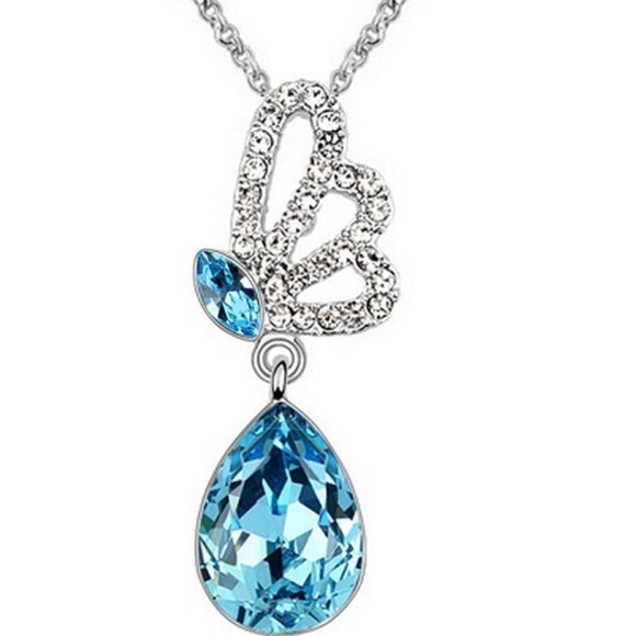 White Crystal Blue Drop Butterfly Necklace