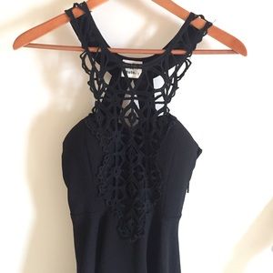 Black lace top, fitted dress