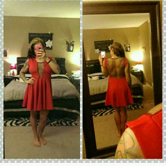 Red flowy sheer back chest skater dress m/lg