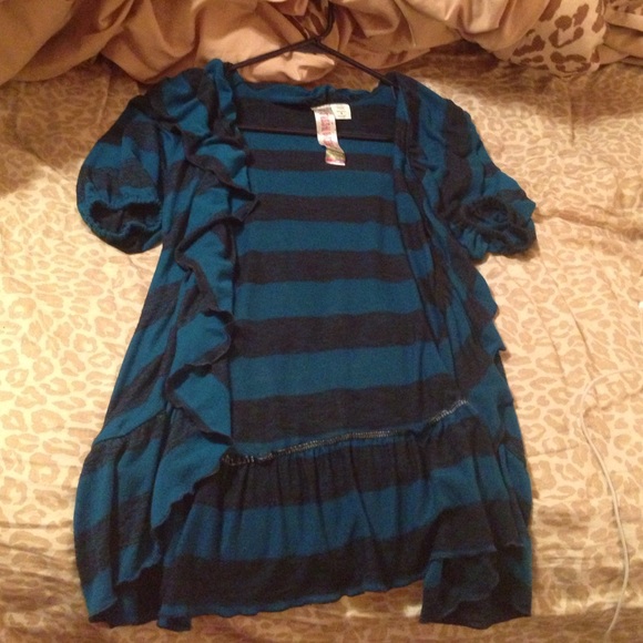 Blue and black striped cardigan.