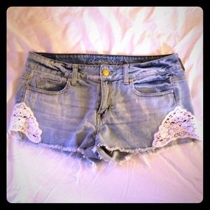 Cut-off Denim Shorts w/ Lace Trim