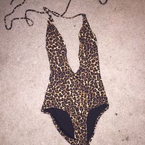 Leopard Print Halter Plunge Swimsuit