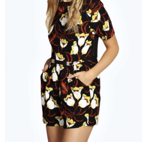 Floral mesh back belted play suit