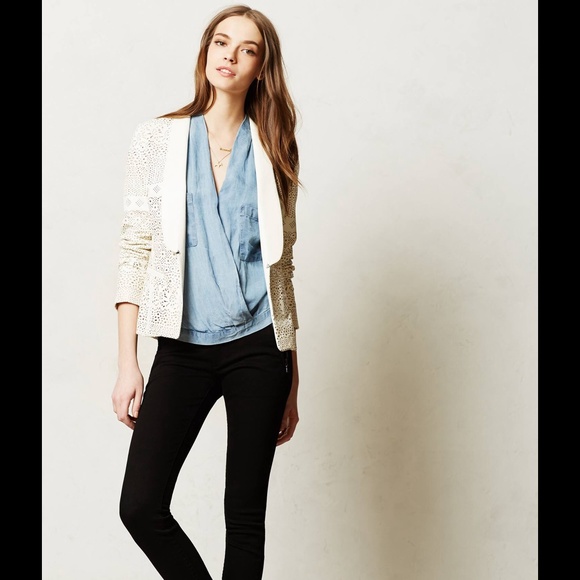 ANTHROPOLOGIE VEGAN LEATHER LASERCUT BLAZER JACKET - Picture 3 of 4