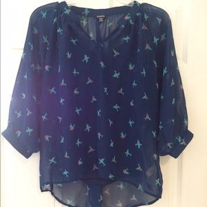 Zunie Navy Blouse with Bird Pattern