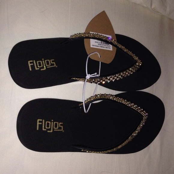 Black jeweled flojos flip flops