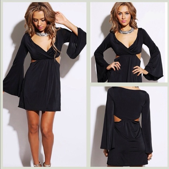 Dresses & Skirts - black wrap front cut out bell sleeve retro dress
