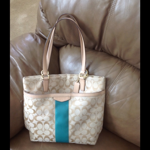COACH  Beige bag with turquoise stripe..gorgeous!