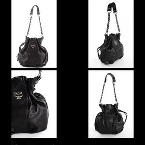 MCM black leather drawstring shoulder bag