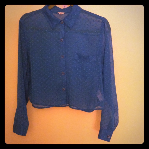 Blue button up crop top blouse.