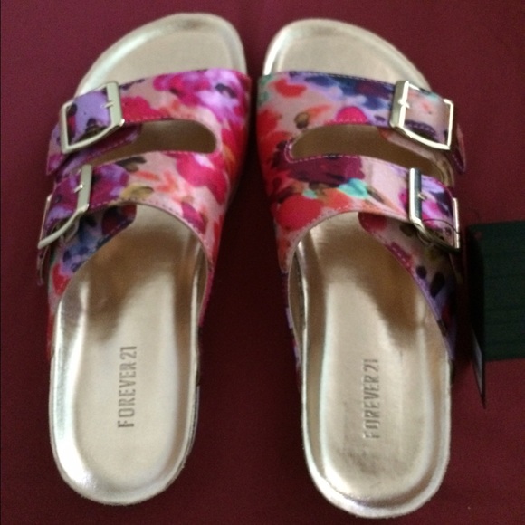 Brand new floral sandals with gold buckles