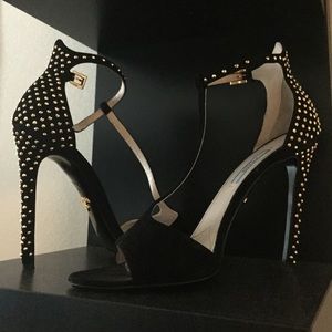 PRADA T Strap Gold Stud Heels