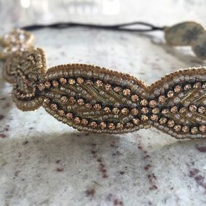 Gold Leaf Crystal and Beaded Elastic Headband