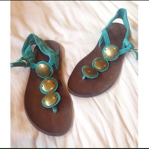 Turquoise T-Strap Sandals with gold metal detail