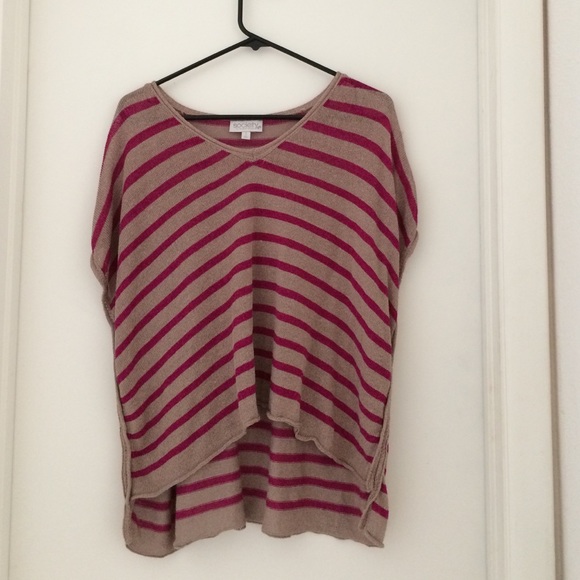 Maroon and tan colored striped shirt. (High-low)