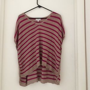 Maroon and tan colored striped shirt. (High-low)