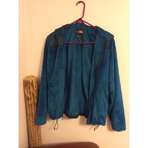 Blue fuzzy North Face jacket