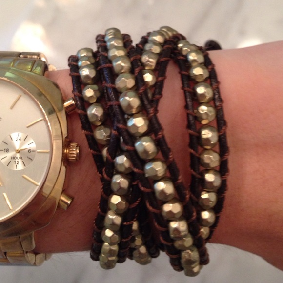 Anna Sui gold metal beaded leather wrap bracelet