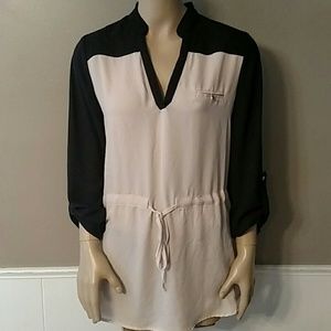 Black and tan long drawstring top w/ gold buttons