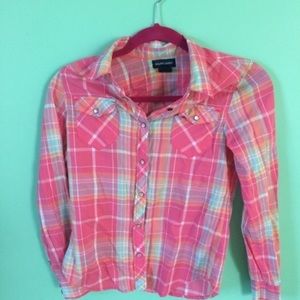 Pink, blue, and yellow flannel