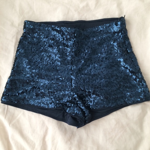 blue sequined booty shorts