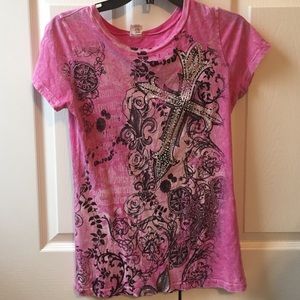 Pink and black rhinestone short sleeve shirt