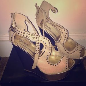 Paprika gold and tan heels with rhinestones