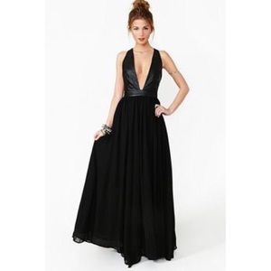 NastyGal Black Leather Chiffon Maxi Dress prom