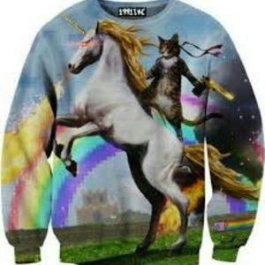 Cat riding a unicorn sweater