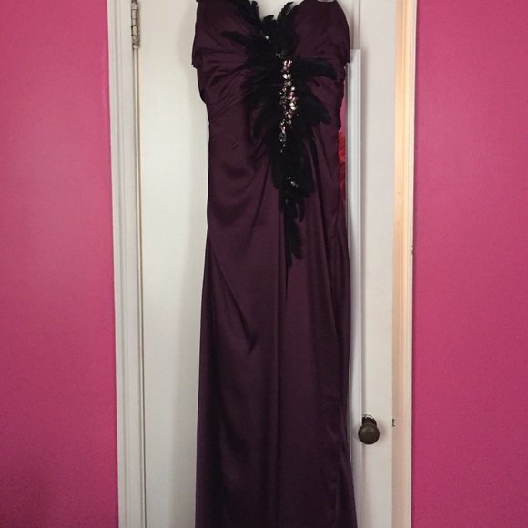 Deep purple, long, feather and jeweled prom gown - Picture 1 of 4