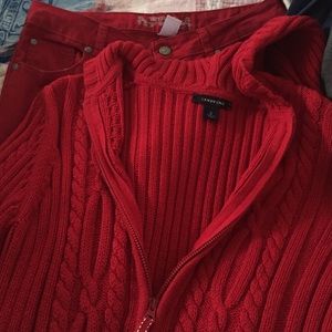 red sweater w/ red pants combo