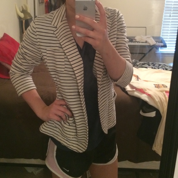 Beige and navy striped blazer.