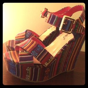 Tribal-print Strappy Wedges, Sz 6.5