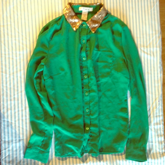 Green Sequin Collar Shirt
