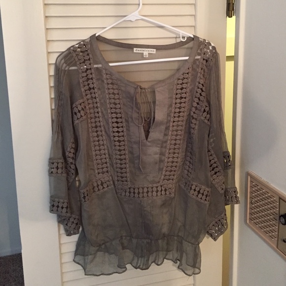 Sheer olive colored blouse with detail
