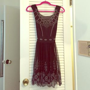Black mesh dress, cream embroidery, cross back
