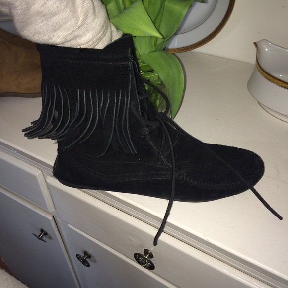 Leather (suede) black fringe booties