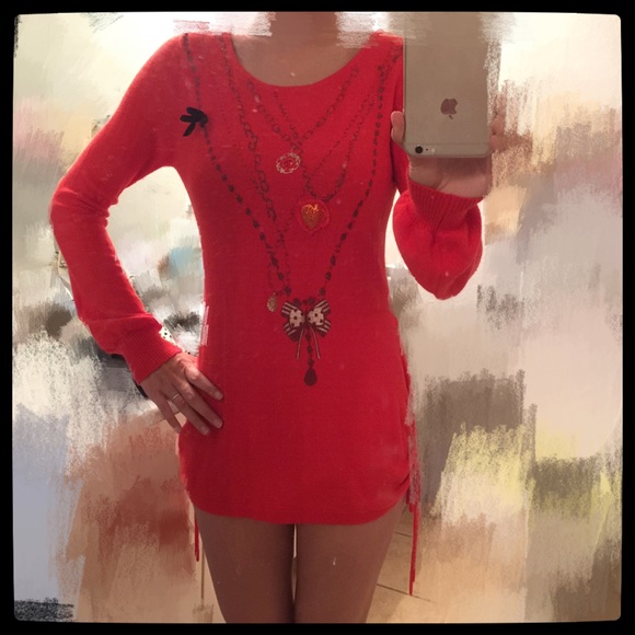 cute red long-sleeves knit sweater