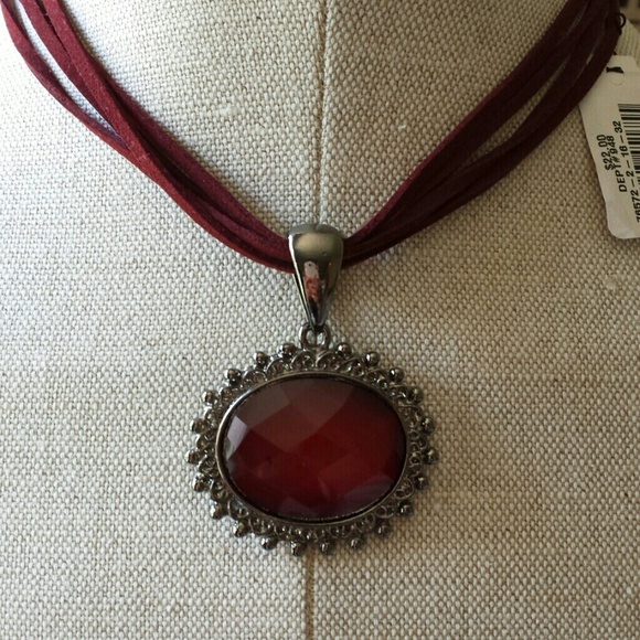 NWT Deep Red Oval Pendant/Leather Necklace/Choker