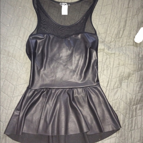 Faux black leather and mesh peplum tank - medium