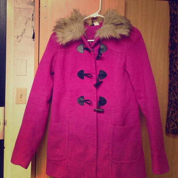Purple peacoat with fur collar