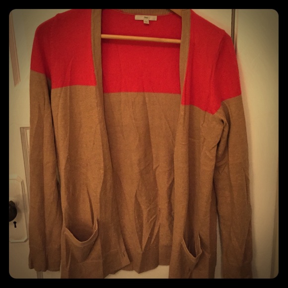 Coral and tan block colored style cardigan