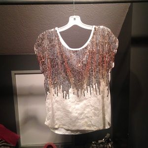 Gold & White, Lace, Sequin Top