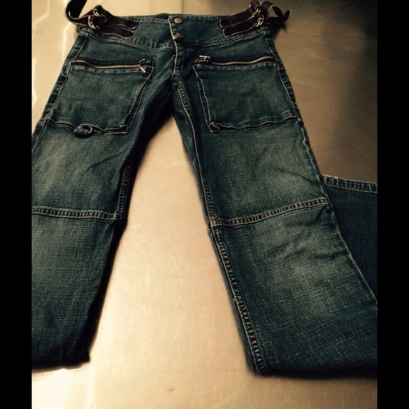 ALLEN B Jeans with leather detail & side buckles.