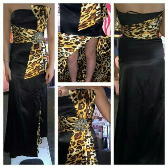 Sale! BLACK LEOPARD ANIMAL PRINT PROM BALL GOWN - Picture 1 of 4