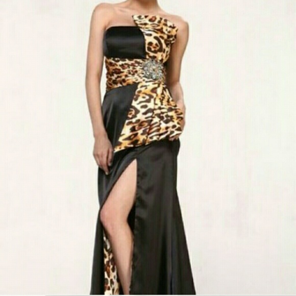Sale! BLACK LEOPARD ANIMAL PRINT PROM BALL GOWN - Picture 2 of 4