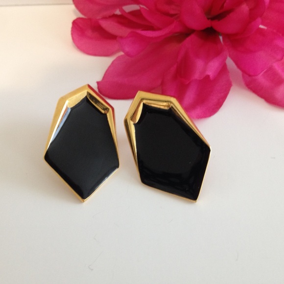 ✨ MONET Vintage Black Enamel & Gold Earrings