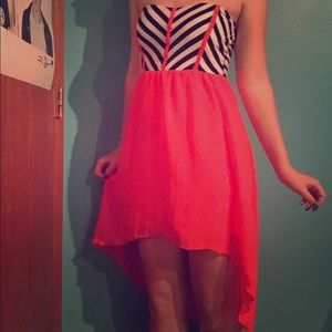 Strapless coral colored dress