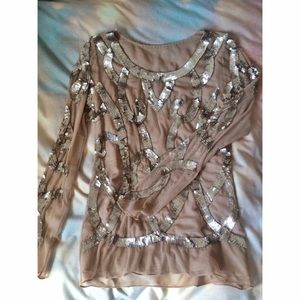 Gold sequin and nude mesh long sleeve top